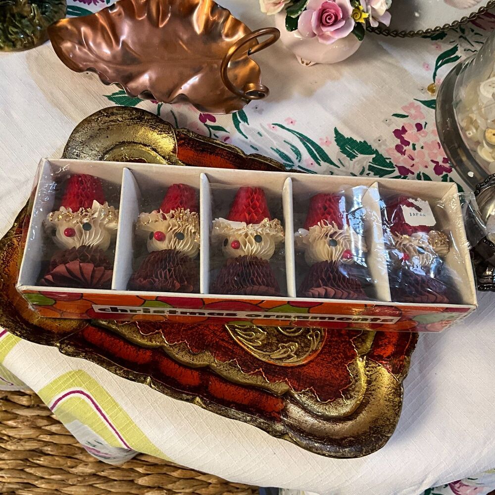 Vintage Japan Honeycomb Tissue Snowmen Christmas Ornaments Complete Boxed Set 5